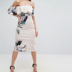 ASOS Cream Floral Ruffle Off the Shoulder Double Strap Midi Dress US Size 6